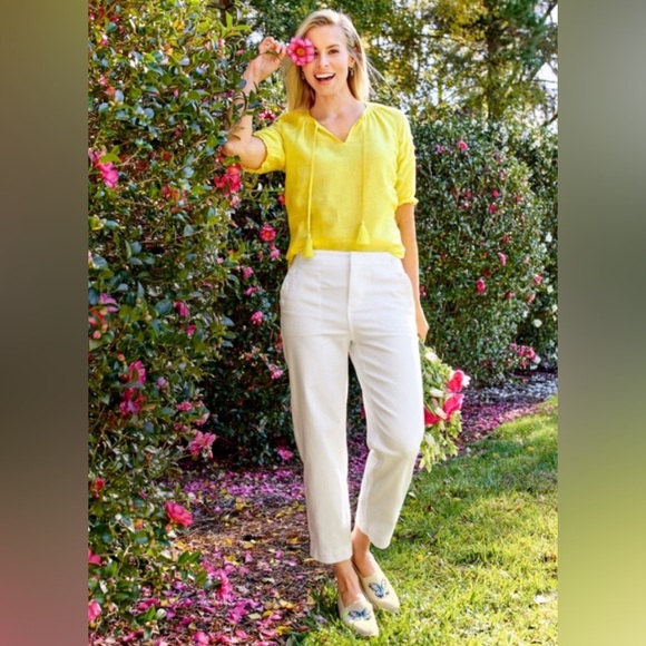 NWOT Talbots Women’s Petite Yellow Linen Tassel Pleated Sleeve Top | Size P - Picture 9 of 9